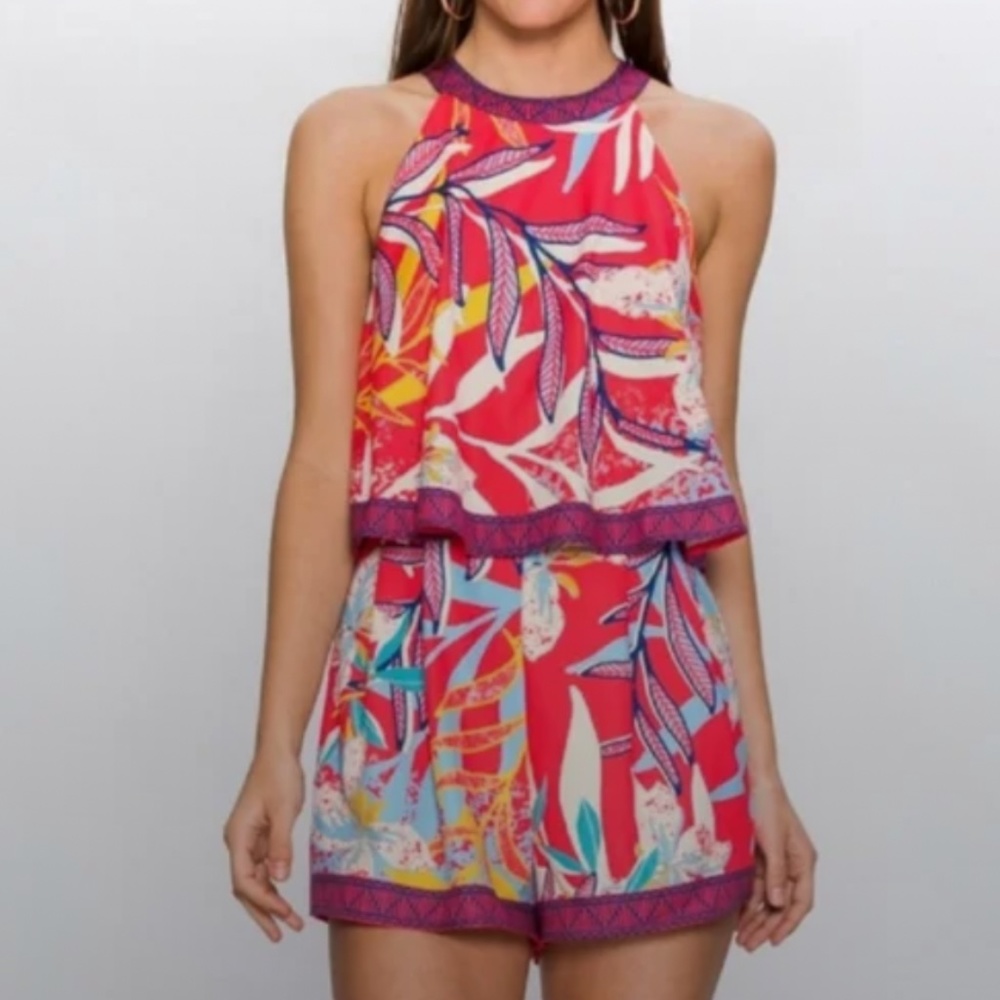 Flying Tomato Red Multicolor Tropical Floral Palm Print Romper Size M